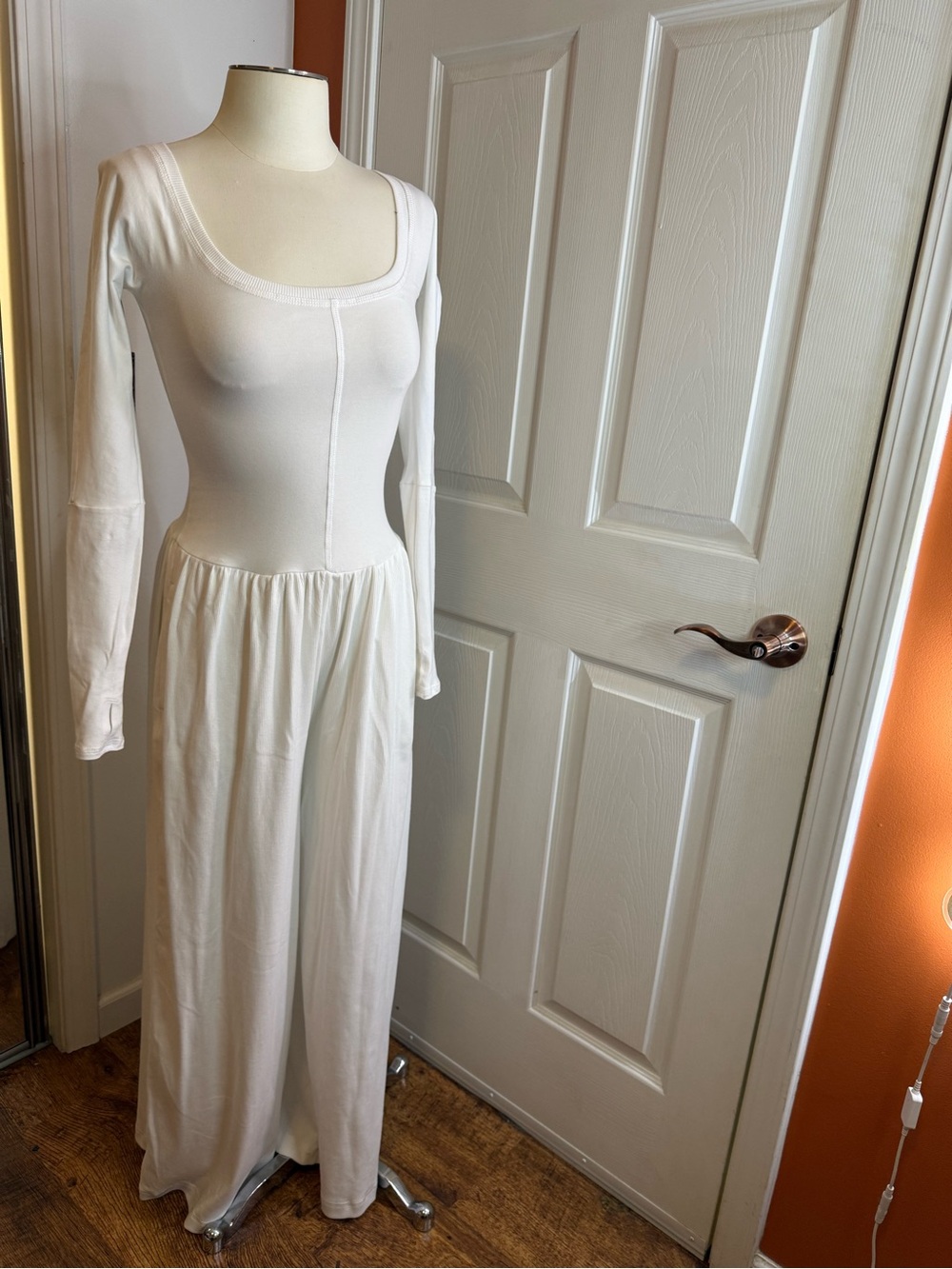 Free People White Long Sleeve Jumpsuit wide leg